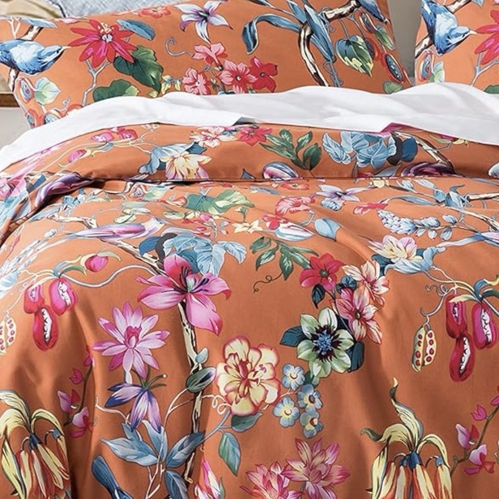 Eikei Botanical Garden Brushed Duvet Bedding Set Tropical Orange Floral Queen